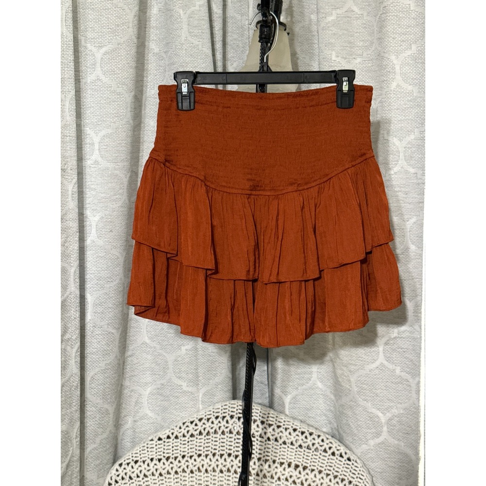 Entro Rust Orange Smocked Ruffle Mini Skirt Tiered Boho Large